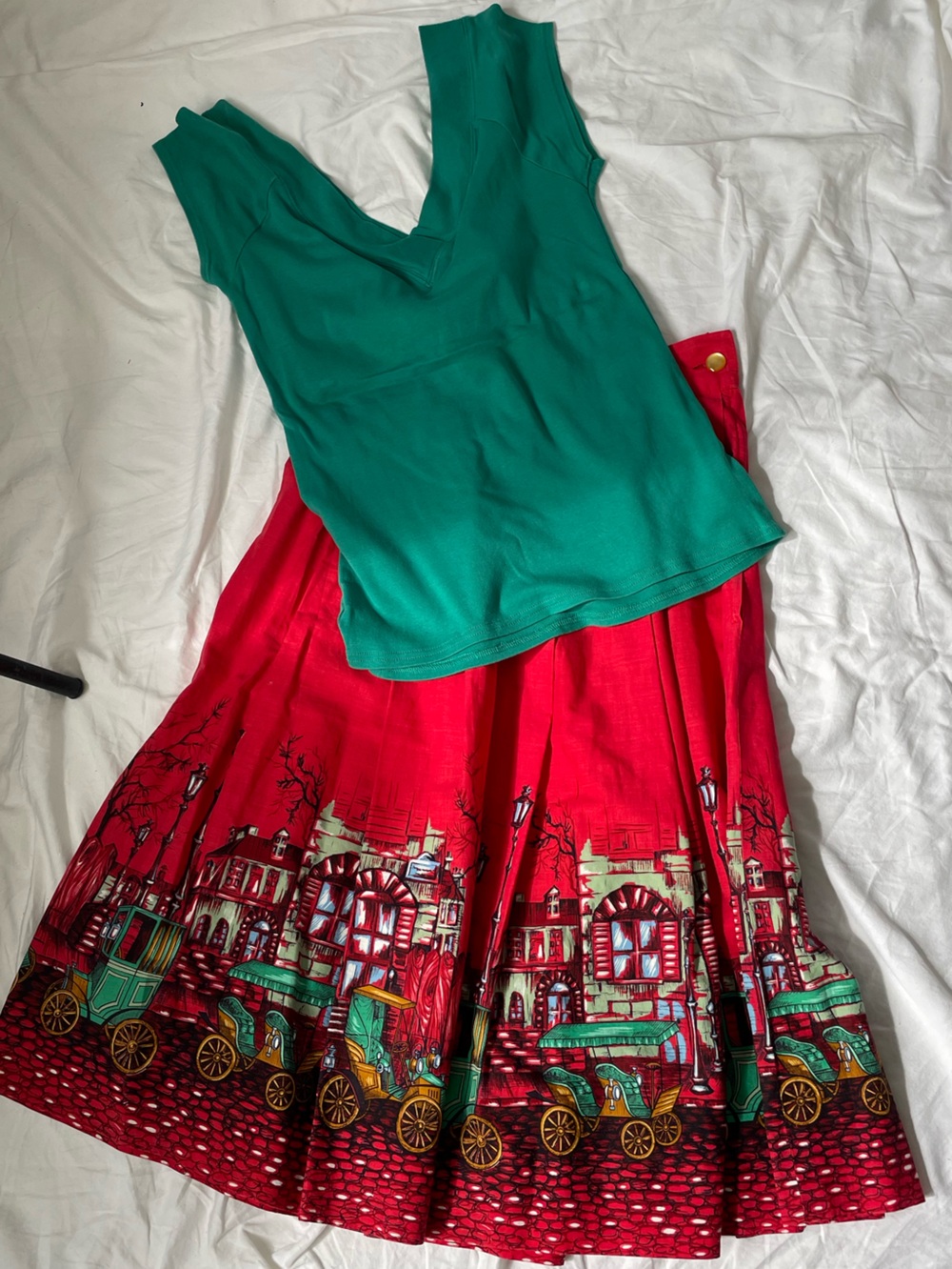 Bundle Vintage Red Printed A-Line Skirt with Carriage Border and Y2K Deep V Tee!